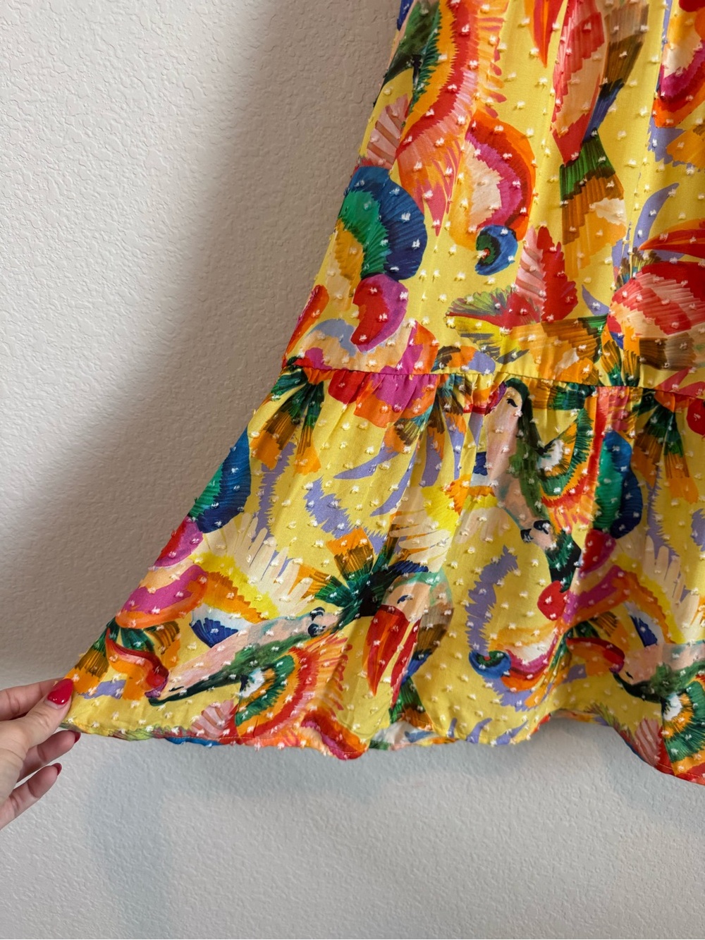 Farm Rio Toucan Yellow Swiss Dot Textured Tropical Tiered Maxi Dress Size Small - Picture 2 of 11